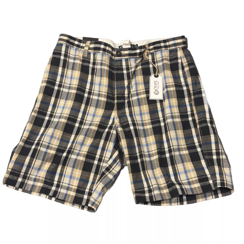 CHAPS Plaid Shorts Mens Black Yellow Blue Size 33 Outdoor Casual Cotton‎